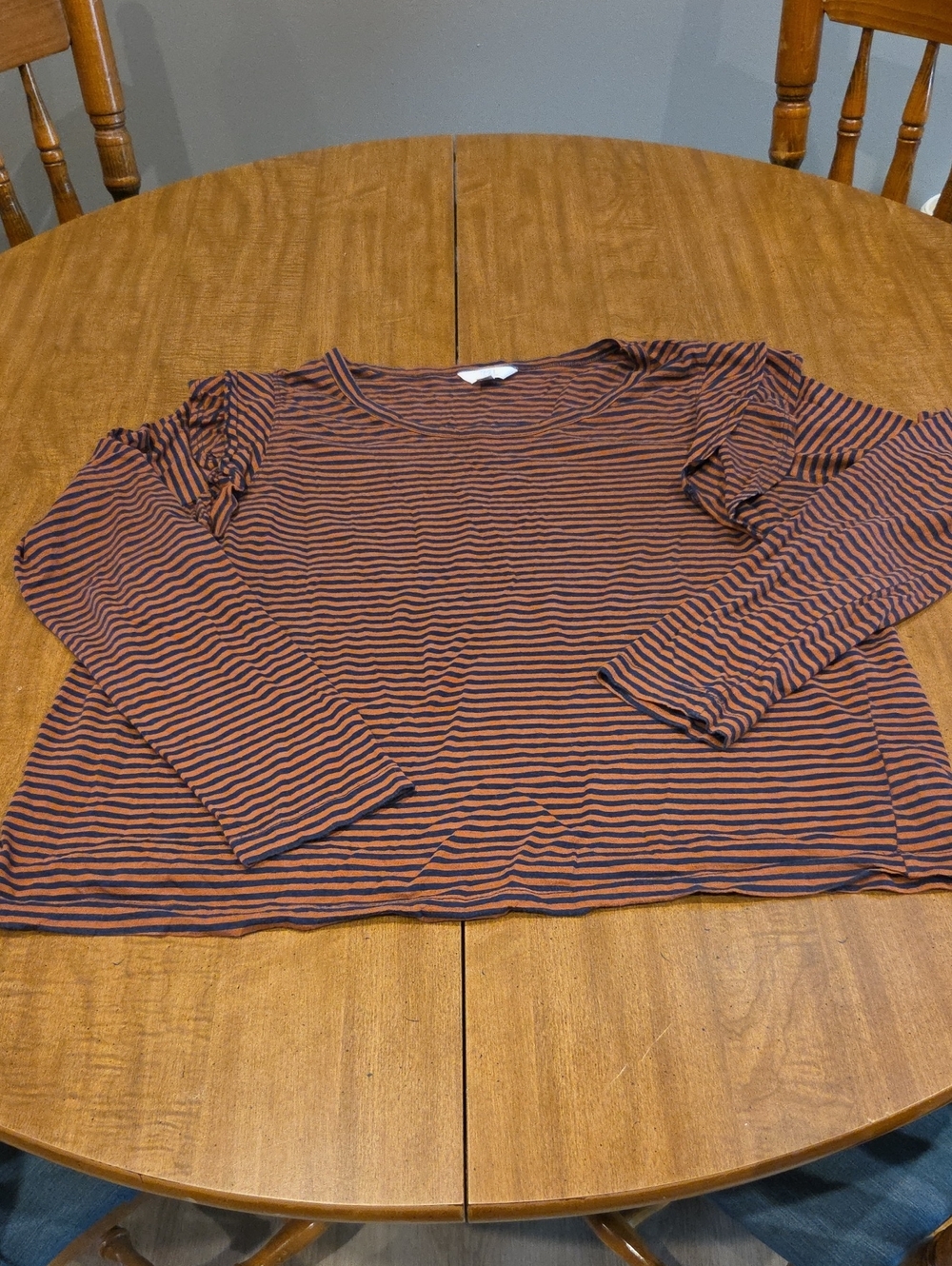 Time and Tru Rust and Dark Navy Striped Long-Sleeve Top with Ruffle Shoulder